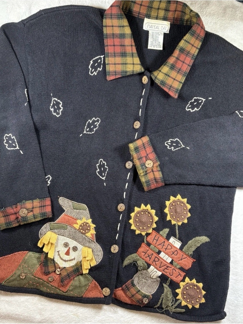 Vintage Harvest Scarecrow Button cardigan with plaid cuffs and collar size XL
